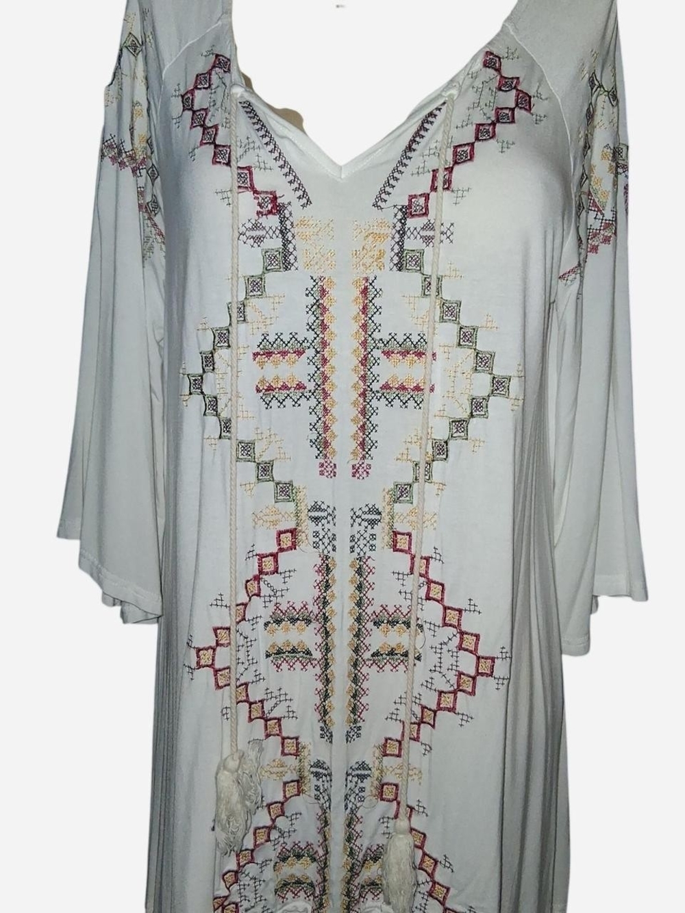 POL White V-Neck Embroidered Tunic with Multicolor Stitching
